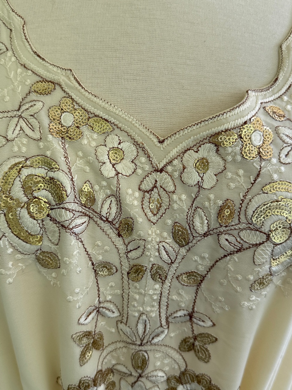 Boho Prairie Maxi Dress Beige Floral XL Gold Sequins NWT - Picture 7 of 15